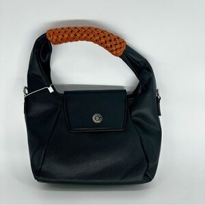Elegant Black Faux Leather Handbag with Orange Handle